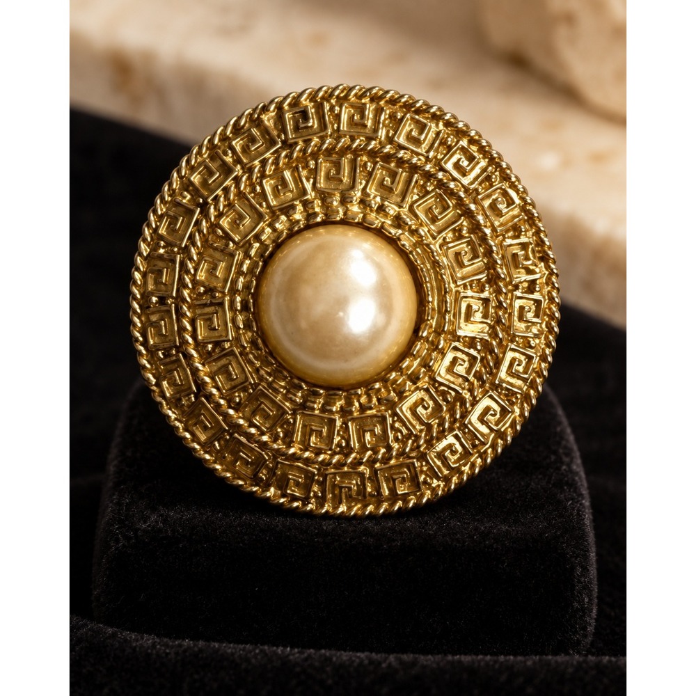 Signed M. Jent Gold Tone Greek Key Faux Pearl Statement Brooch